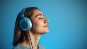 Person experiencing frequency therapy program with headphones in a relaxed state