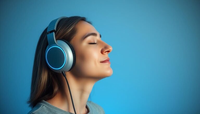 Person experiencing frequency therapy program with headphones in a relaxed state