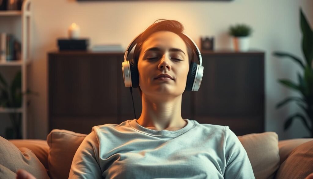 Person performing the Brain Wave Ritual with headphones in a peaceful setting