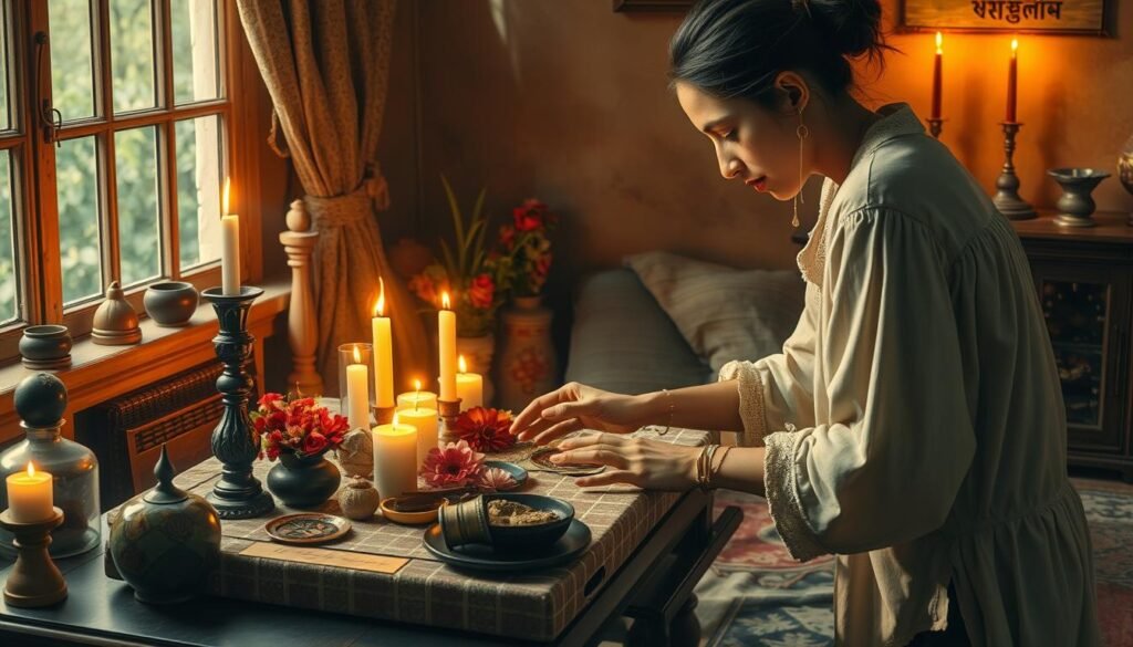 a detailed, realistic scene of a home altar being carefully maintained, with a person kneeling before it, surrounded by sacred objects, lit candles, and an atmosphere of reverence and tranquility. The altar is placed in a cozy, well-lit room, with warm-toned natural lighting filtering through a nearby window. The person's hands are delicately arranging flowers, incense, and other ritual items on the altar, their expression one of focused attention and devotion. The overall mood is one of sacred contemplation and the honoring of spiritual practice within the domestic setting.