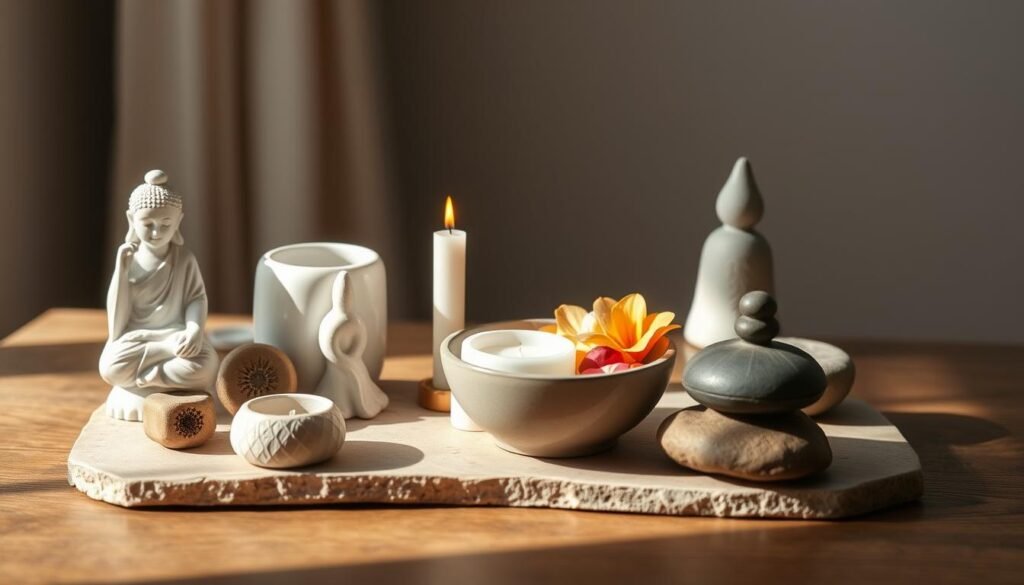 a minimalist, neatly arranged collection of objects commonly found on a home altar for spiritual practice, including a small statue or figurine, a candle, a bowl of flowers or incense, and other symbolic items, all placed on a wooden or stone surface with soft, natural lighting highlighting the scene