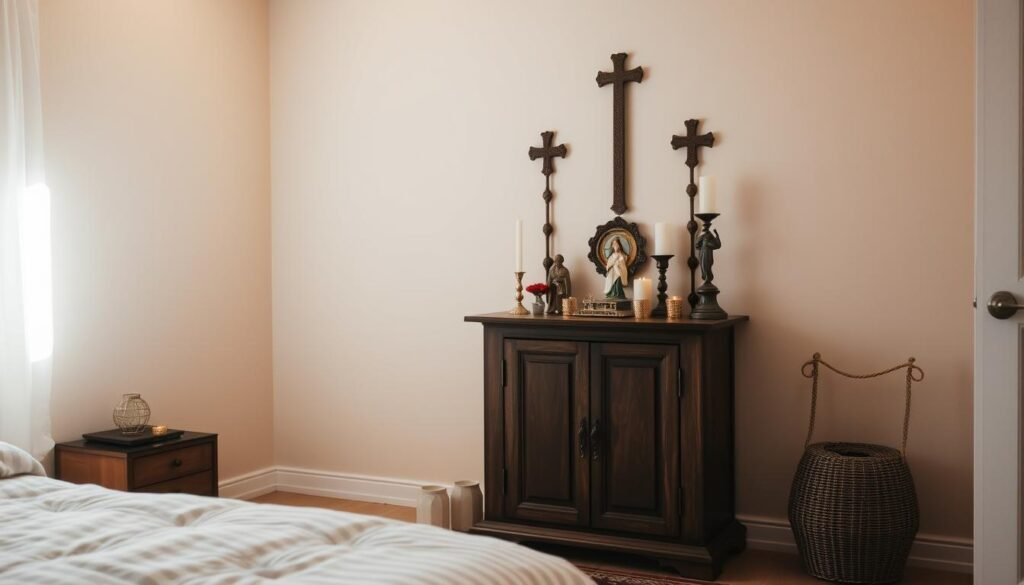 a serene and peaceful home altar, with a wooden table or cabinet as the centerpiece, adorned with candles, incense, and religious figurines or symbols. The altar is placed in a cozy, well-lit corner of a bedroom or living room, with soft natural lighting filtering in through a nearby window. The background features simple, neutral-toned walls, creating a calming and contemplative atmosphere. The overall scene conveys a sense of devotion, reverence, and personal connection to the divine.