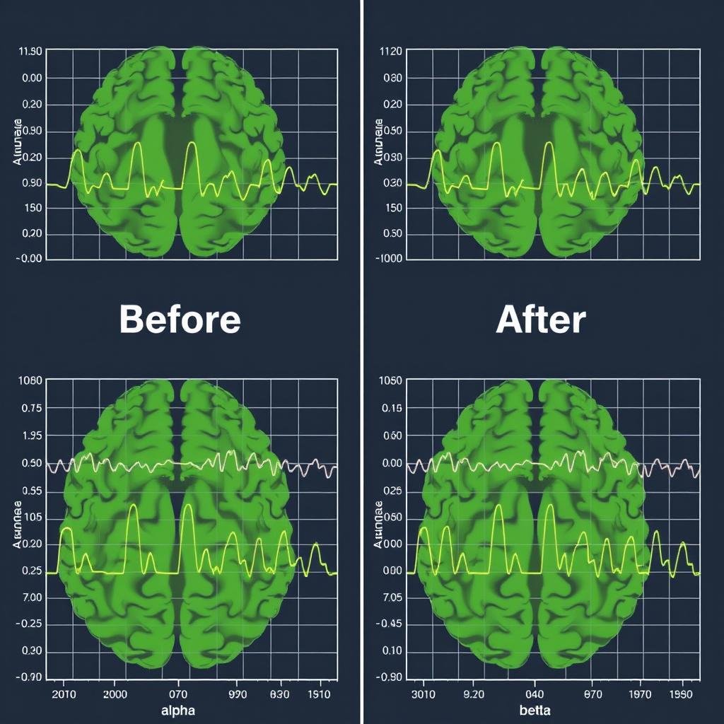 Before and after brainwave charts showing increase intelligence subliminals effects
