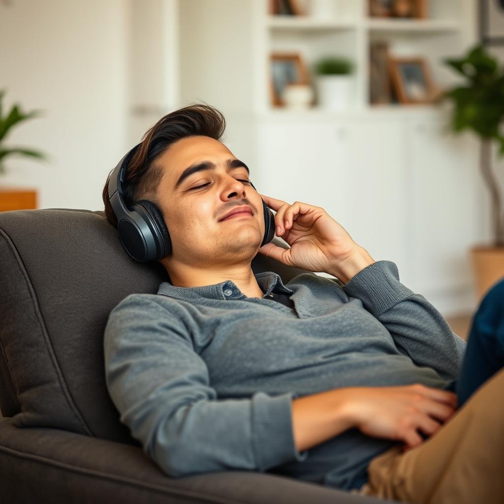 Person relaxing while listening to increase intelligence subliminals