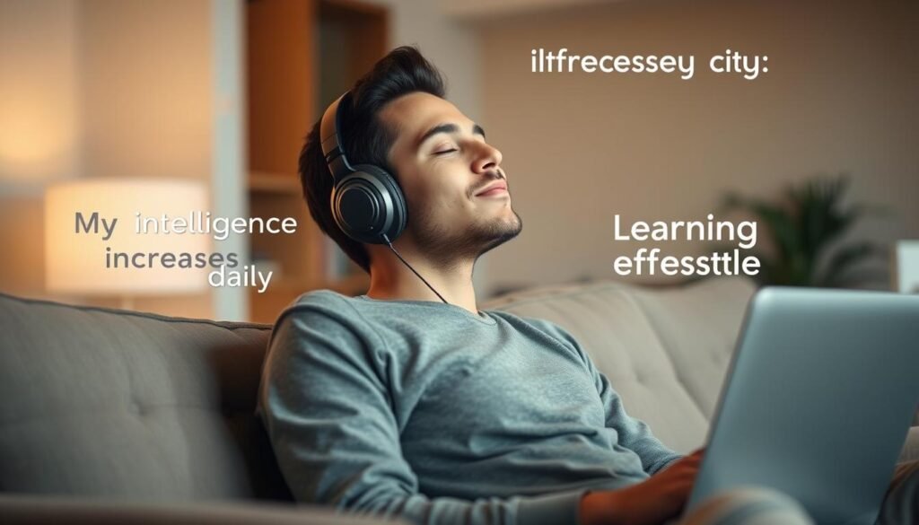 Person relaxing with headphones while subliminal messages work