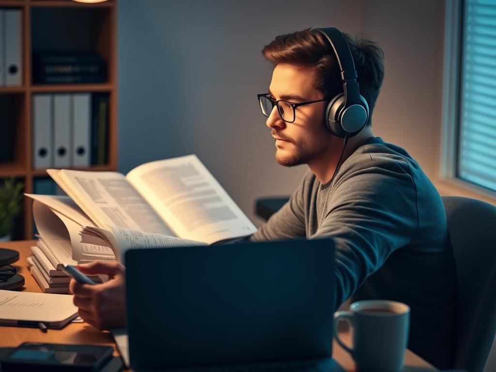 Person wearing headphones while studying with increase intelligence subliminals