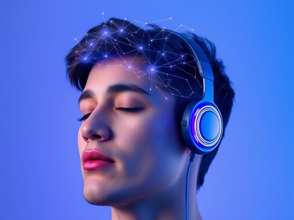 Person wearing headphones with visible brain activity visualization