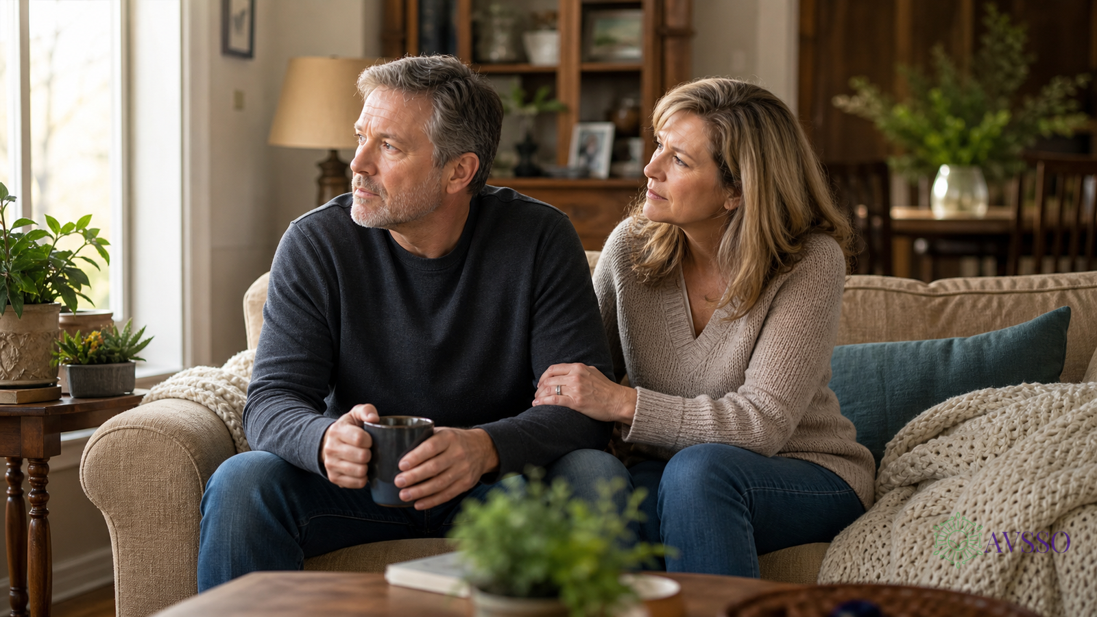 middle-aged couple sharing a quiet moment at home
