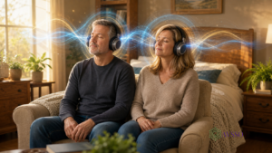 Memory Wave sound healing review - senior couple listening to 12-minute audio with headphones and gamma brainwaves